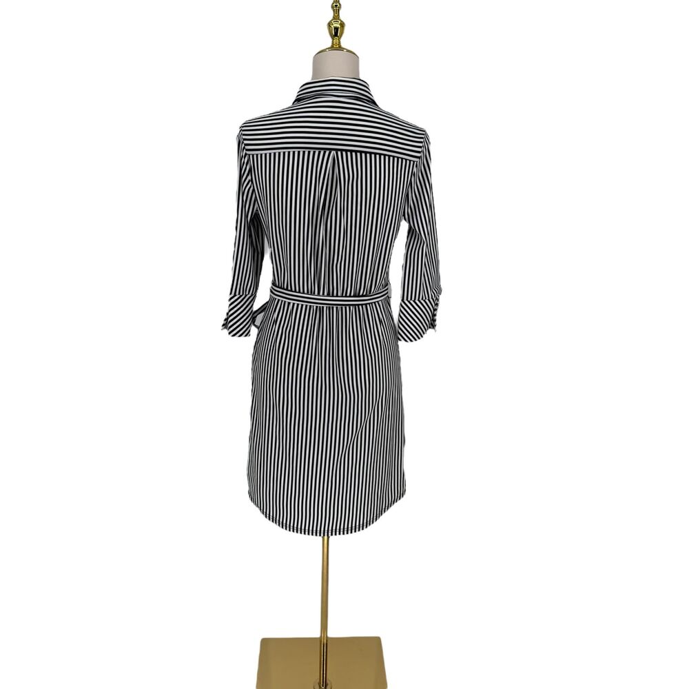 Striped Shirt Dress S Black White Belted Mlle Gabrielle Career Office Academia - Picture 12 of 16